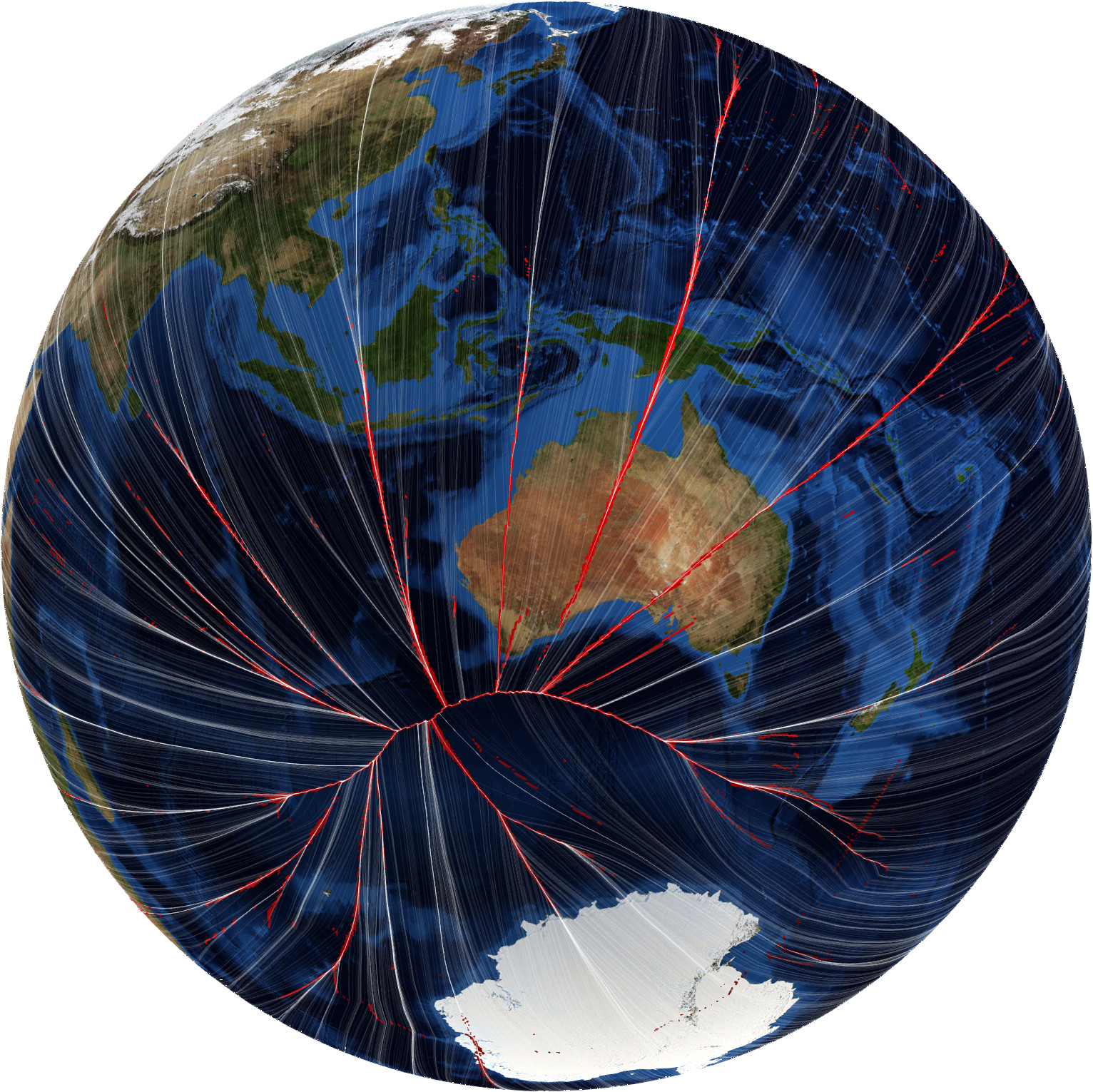 Cut loci on the globe.